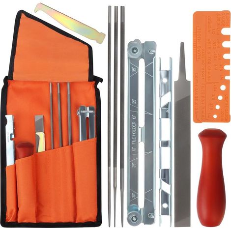 Kettenschärfset Für Kettensägen - 1 Flache Kettensägenfeile, 3 Rundfeilen, Holzgriff, Tiefenlehre, Schnellkontrolllehre, Nutreiniger Und Führungslehre