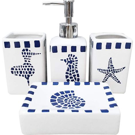 4-teiliges Keramik-badezimmer-set – Modernes Design – Lotionsspender, Zahnbürstenhalter, Becher, Seifenspender – Meerestiere