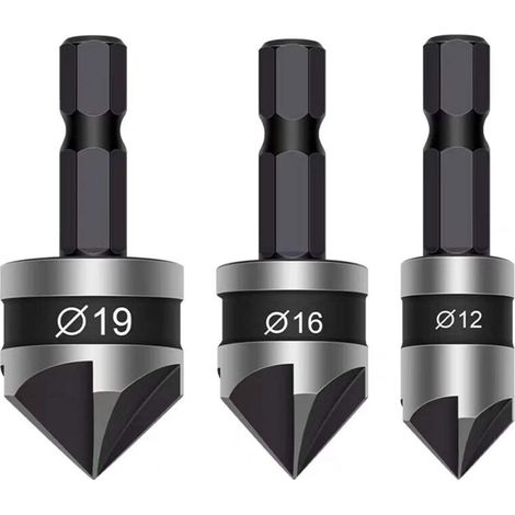 3er-set Konische Bohrer Mit 6,35 Mm Sechskantschaft, 5 Schneiden, 90-grad-zentrum, 12 Mm, 16 Mm, 19 Mm Für Holzbearbeitung, Holzbohrer, Weiche Metalle (schwarz)