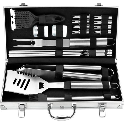 Grill-set, 20-teilig: Edelstahl-utensilien In Einem Aluminiumkoffer.