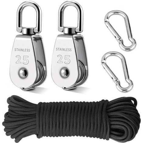 2-teiliger Kranflaschenzug M25, Robustes Flaschenzugsystem Für Hebeanwendungen, Drehbarer Haken Aus Edelstahl 304, Einfacher Flaschenzugblock Mit 20 M Nylonseil (6 Mm) Und Karabiner