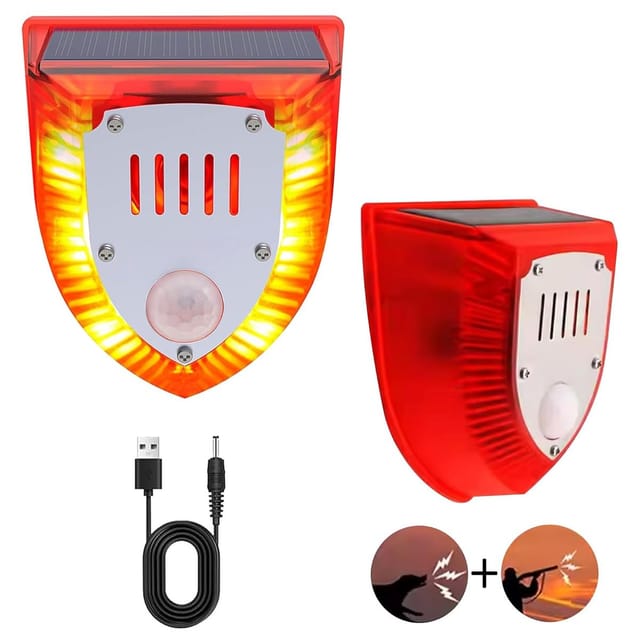 Solar-Bewegungsmelder mit Ton, Außenbewegungsmelder, 129 dB, Blitzlicht, für Zuhause, Villa, Hof, Bauernhof, 2er-Pack - Zoternen