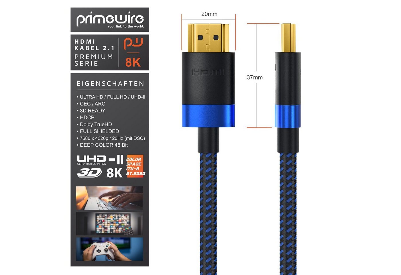 4m High Speed 8K hdmi Kabel 2.1 mit Ethernet arc 3D 4K Ultra hd 7680x4320 @ 120 Hz PS4 360 tv oled pc Laptop Beamer Monitor - Schwarz/Blau - Primewire Bild 2