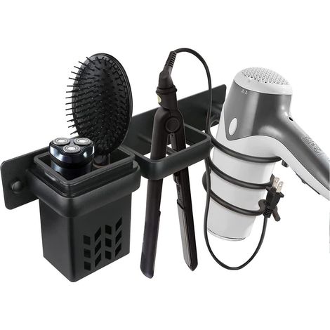 Badezimmer-haartrockner-aufbewahrung, Zubehörhalter, Organizer-set Und Wandhalterung Für Glätteisen Aus Aluminium, Professionell, Mit Löchern, Silber/schwarz