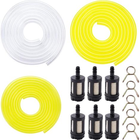 Voogenzek 9 Stück Transparente Gelbe Kraftstoff- Und Ölschläuche (2 X 3,5 Mm, 2,5 X 5 Mm, 3 X 5,5 Mm) + 6 Filterelemente, Für Rasenmäher, Pvc