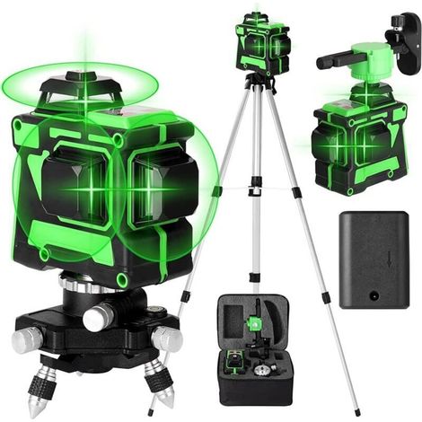 Selbstnivellierender Grüner 3 X 360° Laser, 3d-baulaser Mit 12 Linien, Selbstnivellierung, 2 Akkus, Automatische Nivellierung, Drehbarer Halter