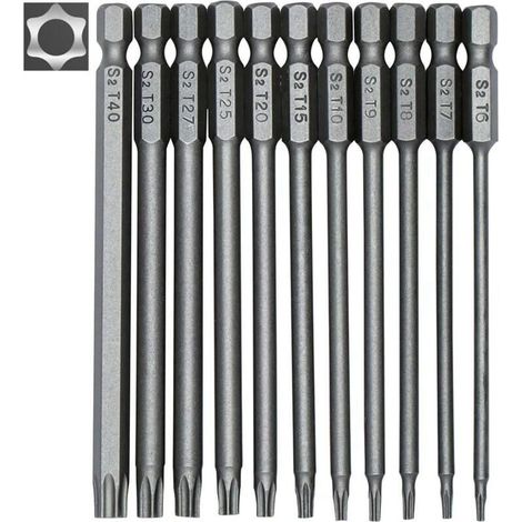 11-teiliges Set Langer Torx-bits Für Schraubendreher Und Elektroschrauber - Magnetische Bits - 1/4" Sechskantschaft - Größen T6 Bis T40 - Länge 100 Mm