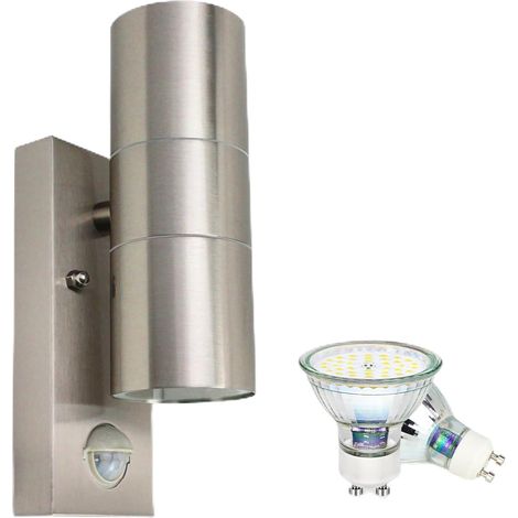 Außenwandlampe, Bewegungsmelder Edelstahl 5w, Moderne Led-außenleuchte Gu10 500lm Warmweiß 3000k Ip44 Wasserdicht 2x Gu10 Glühbirne