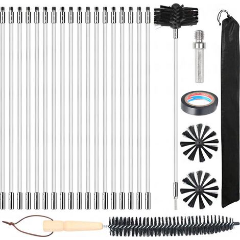 Bürstenstange 100 Mm, 27 Kaminbürsten (davon 20 Flexible Stangen À 410 Mm), 2 Bürstenköpfe, 1 Bohreranschluss + Kaminzubehör Und Bürste Mit Holzgriff