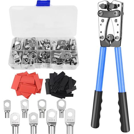Professionelle Crimpzange Für Kabelschuhe 10-1/0 Awg (6-50mm²) - Mit 80 Kupfer-ringkabelschuhen + 80 Schrumpfschläuchen, 8 Größen, Multifunktionales Elektrisches Ratschen-crimpwerkzeug