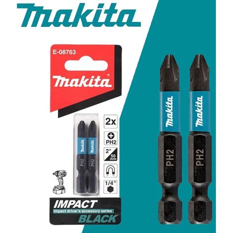 Makita Schlagbohrer-bits E-08763, Schwarz, 1/4" Ph2, Länge 50 Mm, 2 Stück, Magnetische Phillips-schraubendreher-spitze