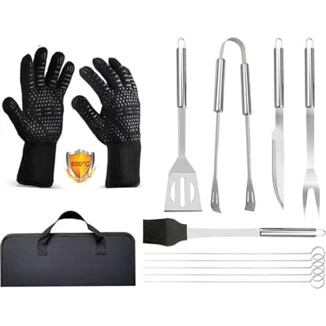 9-teiliges Edelstahl-grillset Mit Hitzebeständigen Handschuhen Bis 800 °c (1472 °f) – Grillzubehör Für Küche, Camping, Geschenk Für Männer – Inklusive Transporttasche