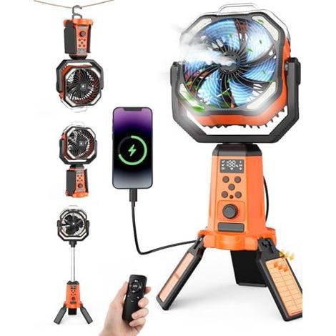 24000mah Solarer Campingventilator Mit Ständer, Usb-ventilator Mit Licht, Kann Als Mobile Stromquelle Verwendet Werden, Mit Fernbedienung Und Haken, Für Büro, Camping, Orange-schwarz