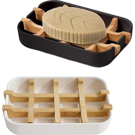 2er-set Natürliche Holz-seifenschale Mit Abtropfschale Und Seifenrost, Selbstablaufende Seifenablage Für Badezimmer, Dusche Und Küche (ohne Deckel) – Weiß+schwarz