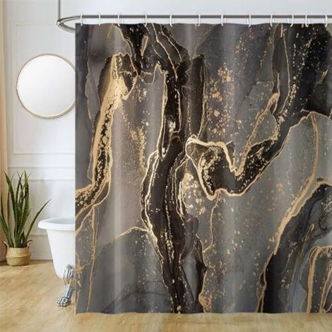 Rideau Douche Noir, Duschvorhang Mit Modernem Gelbem Marmoreffekt, Schimmelresistenter Und Wasserdichter Badewannenvorhang Aus Waschbarem Polyester, Badezimmer-vorhang Mit 12 Haken, 180x180cm