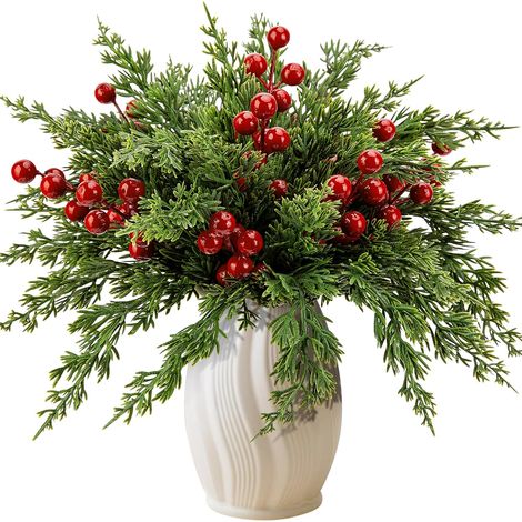 Künstlicher Grüner Weihnachtszweig, 35 Zweige Aus Kiefer Und Zypresse, 27 Cm + 10 Rote Beeren, 15,5 Cm, Basteln, Handwerk, Wohnaccessoire