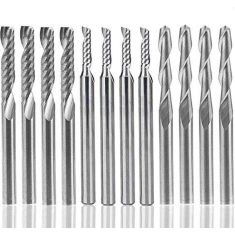 Satz Mit 12 Hartmetall-fräsern, 4 Cnc-fräser 1/8" Mit Zwei Schneiden + 8 Einschneid-schaftfräser (2 Typen) Für Nylon, Harz, Abs, Acryl, Pvc, Mdf Und Holz