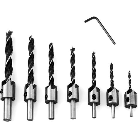 7-teiliges Holzbohrer-set Mit Hss-fräser, Senkbohrern, Tischlerbohrern, Lochsägen Und Fasenfräsern, Fräsbohrer Mit Tiefenanschlag, 90°-fasfräser-satz, Spiralförmige Holzbohrer (3-10 Mm)