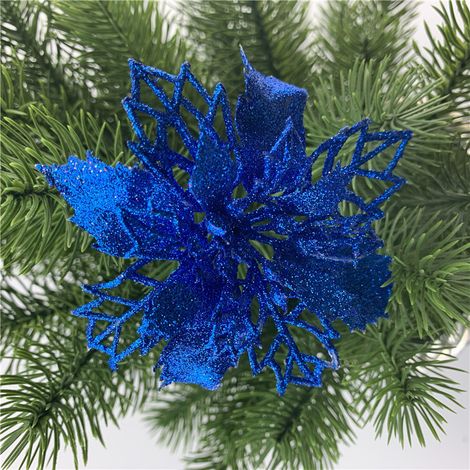 12er Set Künstliche Poinsettien-blüten Mit Glitzer Für Den Weihnachtsbaum (königsblau, 11 Cm)