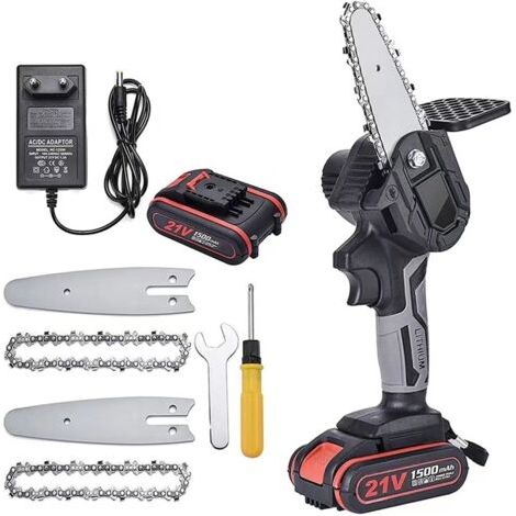 Kabellose Mini-kettensäge, 4 Zoll, 21 V, Leistungsstark, 6 M/s, 1 Akku, 2 Ketten, 2 Führungsschienen