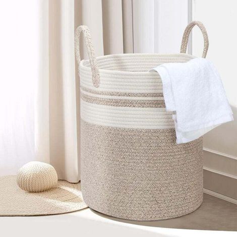 Enowelir Geflochtener Baumwoll-wäschekorb, 45 Liter, Mit Tragegriff, Für Kinderzimmer Und Badezimmer, 35x40 Cm, Beige Und Weiß