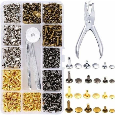 360 Leder-nieten-set, Doppelt, Mit Metallnieten In Rohroptik, 3 Größen, Inkl. Lochzange (3-teilig) Und Setzwerkzeug-kit Für Lederhandwerk, Reparatur Und Dekoration, 4 Farben