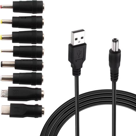 Usb-auf-dc-5v-kabel, Usb-zu-dc-stromkabel, 8-in-1 Dc-netzteiladapter 5,5 X 2,1 Mm Dc-hohlstecker Für Laptop, Router Usw. (1 M, Schwarz)