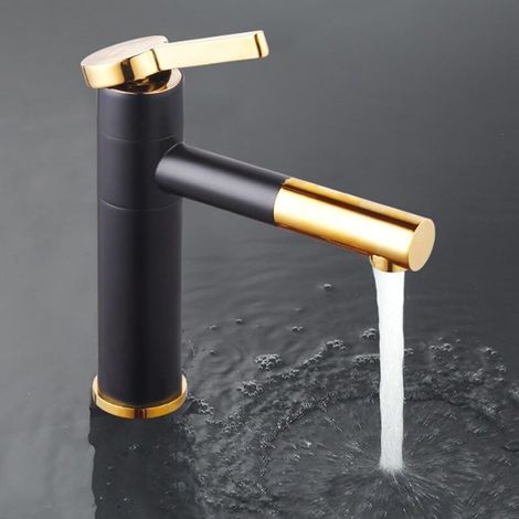 Schwarzer Schwenkarm-wasserhahn Mit Vergoldetem Griff Für Das Badezimmer, Eleganter Waschtischmischer