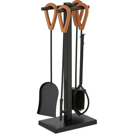 Kaminbesteck, 5-teiliges Set, Schürhaken, Aschebesen, Zange, Ständer, Leder, Schwarz - Braun