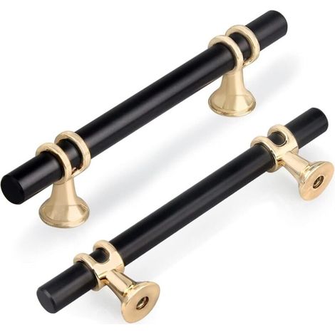 Griff Für Küchenmöbel, Lochabstand 96 Mm, Türgriff Für Küche, Griffe Für Schubladen, Schränke, Kommoden, Moderner Zinklegierung T-form, 6er-set Mit Goldener Basis, Schwarze Schrauben Enthalten