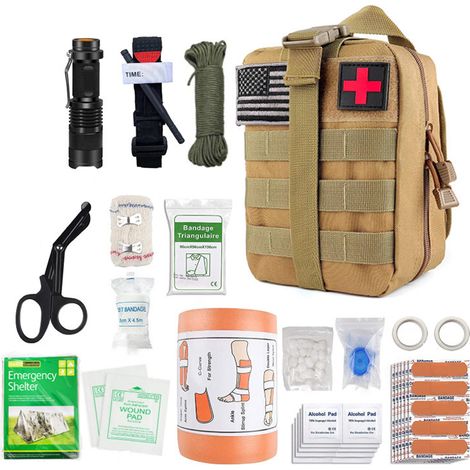 Vollständiges Militärisches Taktisches Erste-hilfe-set, Montiert Nach Eu-norm Ce + Kleine Tasche + Schultergurt + Zeckenzange + Survival-armband – Konzipiert Für Wandern, Reisen, Airsoft (braun)