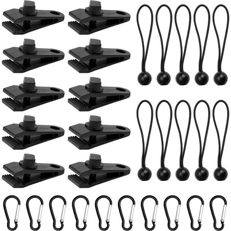 30er Pack Planenklammern, 10 Robuste Planenklammern Mit 10 Zelt-bungee-seilen Und 10 Karabinern Für Camping-zeltabdeckungen, Schwarz