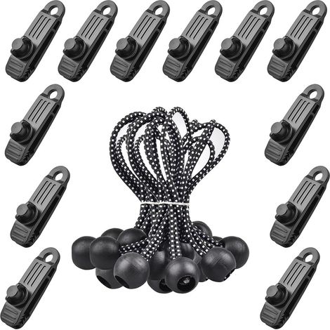 24 Stück Zelt- Und Planenklammern Mit 12x Planenklemmen Und 12x Elastischen Spanngurten, Ösenklemmen Für Planen, Campingzubehör Für Zelte, Poolplanen, Planen, Vordächer, Pavillons, Zelte, B