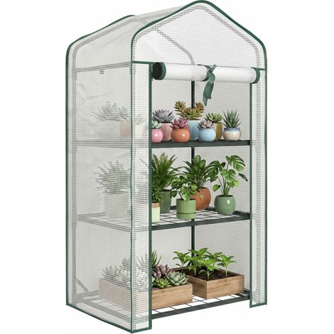 Gewächshaus Regal 3 Ebenen Maße 59l X 39b X 127h Cm Pulverbeschichtetes Metall Grün Pe Hohe Dichte 140g/m² Weiß