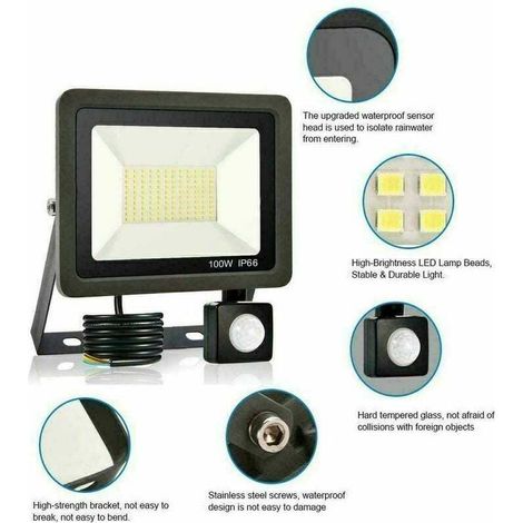 Außen-led-strahler - 100w - Mit Bewegungsmelder - Ip65 Wasserdicht - 60000 Lm - Kaltweiß - Beleuchtung Für Garten, Garage, Sportplatz