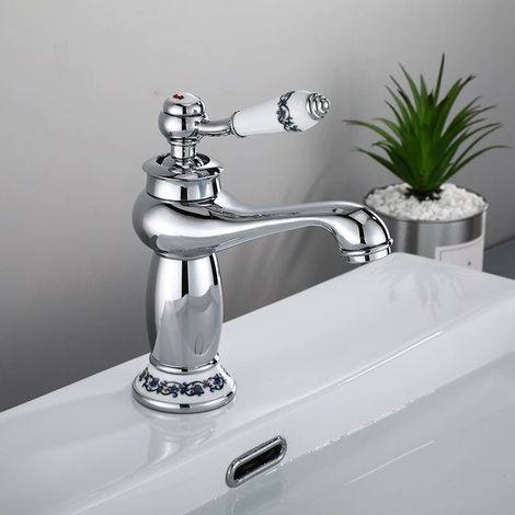 Waschtischarmatur Aus Messing, Keramik Und Porzellan, Schwarz-weiß, Langer Hals, Retro Floral, Für Kalt- Und Warmwasser (verchromt)