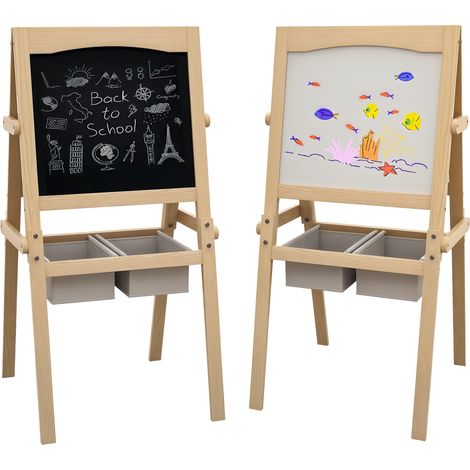 Doppelseitige Kindertafel Auf Staffelei Mit Kreidetafel, Whiteboard Und Papierrolle, 58 X 50,5 X 109 Cm, Naturfarbe