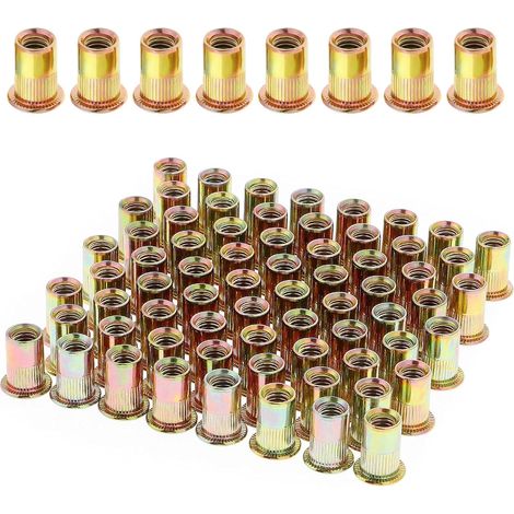 100 Stück Gewindenietmuttern M6 Mit Flachem Kopf, Vernickelte Gewindenietmuttern Aus Kohlenstoffstahl, Sortiment M6 Gewindeeinsätze Für Metall Und Kunststoff (12 Mm X 15 Mm)