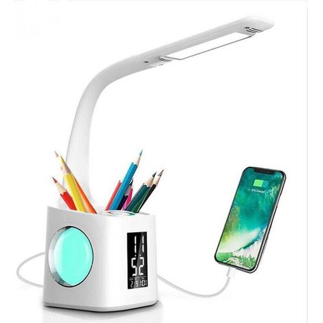 Yidomde Led-schreibtischlampe, Augenschonend, Studiertischlampe Mit Usb-ladeanschluss, Atmosphärisches Nachtlicht, Mit Stifthalter/zeitanzeige/kalender