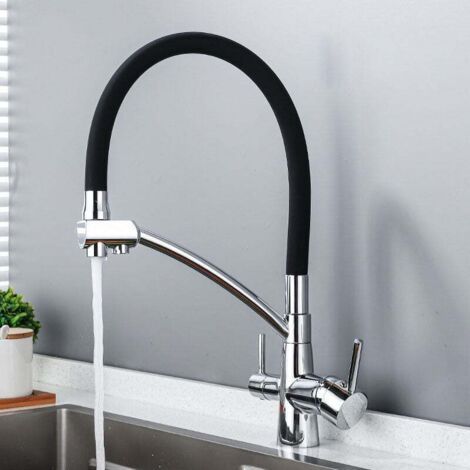 Drei-wege-küchenarmatur, Flexibler Mischer, 360° Verstellbarer Trinkwasser-spültischhahn (doppelgriff), Messingkörper, Silber/schwarz Beschichtet