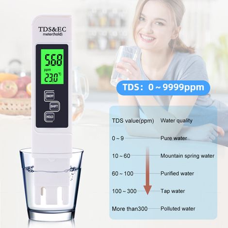 Elektronischer Tds & Ec Tester, 3-in-1 Digitaler Tds/ec-wassertester Mit Thermometer, Zur Messung Von Tds/ec In Trinkwasser, Aquarien Und Schwimmbädern