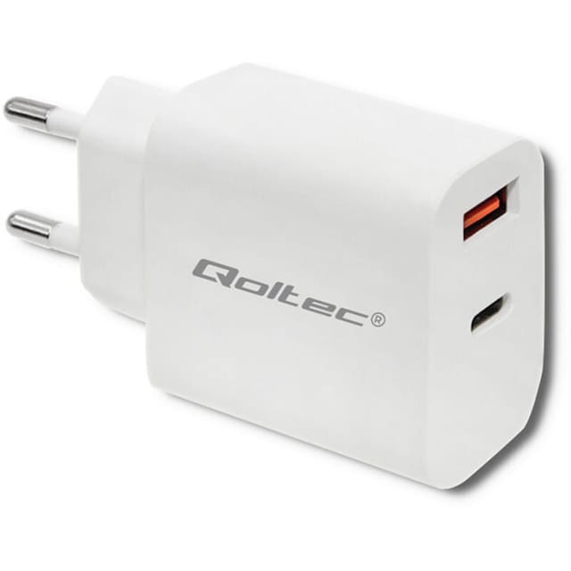 Qoltec Wandladegerät 18W 5-12V 1,5-3A USB Typ C PD USB QC 3.0 Weiß