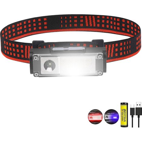 Wiederaufladbare Led-stirnlampe, Stirnlampe Mit 4 Lichtmodi, Rotes Und Blaues Licht, Wasserdicht, Verstellbar, 60° Drehbar, Zum Angeln Und Für Autoreparaturen [energieeffizienzklasse A+]
