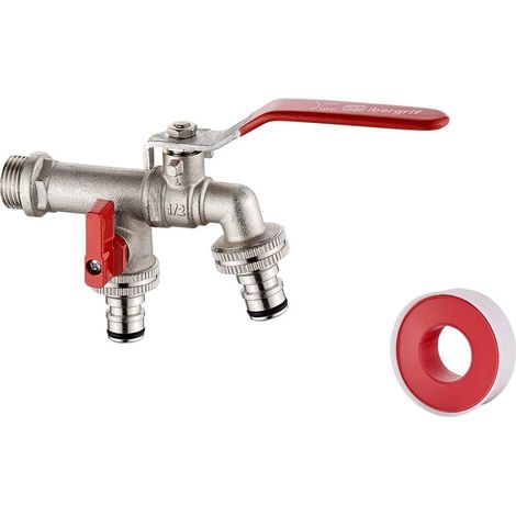 Doppelter Gartenwasserhahn Mit Anschluss, Frostbeständig Bis -10 °c, Hitzebeständig Bis 120 °c, 2-wege-bewässerung, Messing, Wasseranschluss G1/2", Für Waschmaschine