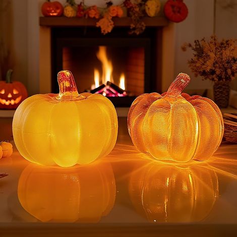 2 Led-beleuchtete Halloween-kürbisse, 777 Cm (orange + Gelb), Herbstdekorationen, Kürbisse Für Halloween- Und Weihnachtsfeiern