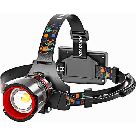 Stirnlampe (schwarz Mit Rotem Ring) - Nachtfischlampe Für Den Außenbereich, Camping/wandern Mit Sensor, Zoombar.