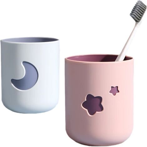Zwei Zweifarbige Glück Bringende Becher, Rosa Und Grau, 7,5x7,5x9,5 Cm, Für Zahnbürsten Im Badezimmer, Mit Sternen Und Mond Verziert.