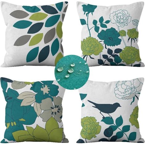 4er-set Wasserdichte Outdoor-kissenbezüge (45 X 45 Cm) Mit Blau-grünem Blumen- Und Vogelmuster Für Sofa, Terrasse, Garten, Wohnzimmer, Schlafzimmer, Dekoration