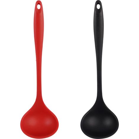 2 Stück Silikon-schöpfkellen, Große Tiefe Servierlöffel, Lange Griffe, Hitzebeständig Mit Aufhängeloch, Zum Rühren Und Für Die Küche Geeignet (schwarz, Rot)