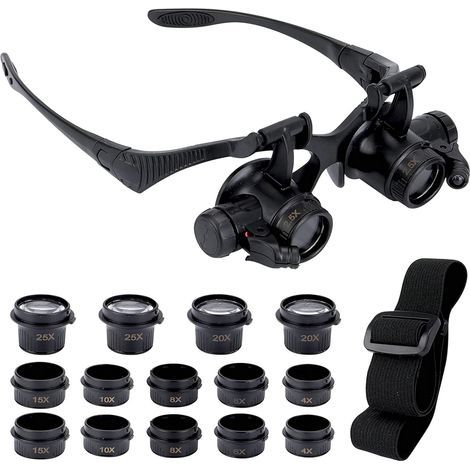 Lupenbrille Mit 2 Led-lichtern, 8 Abnehmbare Linsen, Kopfmontierte Lupenbrille, Freihändige Lupenbrille Für Reparaturen, Lesen, Schmuck, Uhren (2.5x 4x 6x 8x 10x 15x 20x 25x)